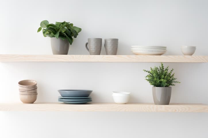 Kitchen shelving with plates and cups